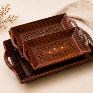 Handcrafted Wooden Serving Tray Set with Brass Leaf Inlay – Set of 3
