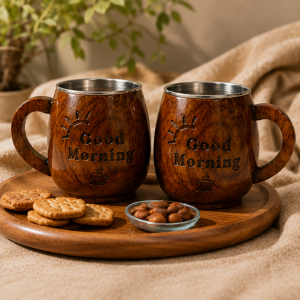 Hand-Carved Sheesham Wooden Mug with Stainless Steel Liner