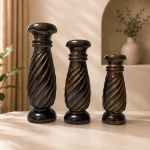 Twisted Hand-Carved Wooden Vase & Candle Stand Set (Set of 3)