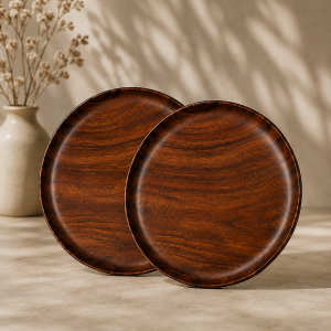 Hand-Carved Sheesham Wood Round Serving Plates - 2/3