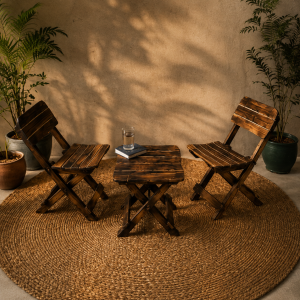 Handcrafted Mango Wood Foldable Chair & Table Set – Burnt Grain Finish