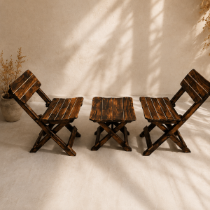 Handcrafted Mango Wood Foldable Chair & Table Set – Burnt Grain Finish