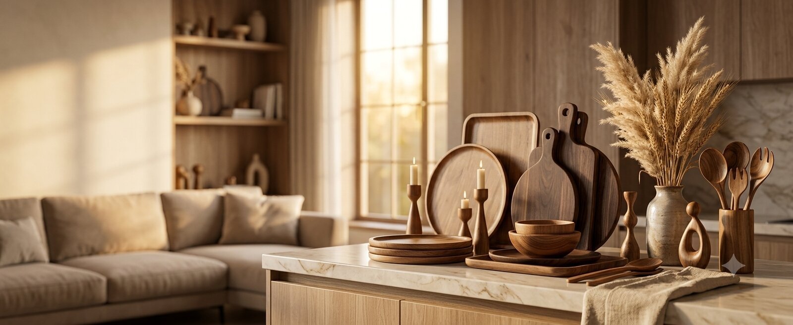 Premium wooden decor styled in a warm home interior