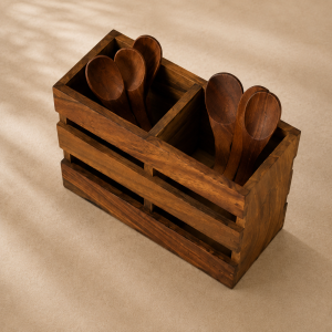 Hand-Crafted Sheesham Cutlery Holder – Rich Walnut Finish