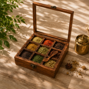 Hand-Crafted Sheesham Wooden Masala Box with Glass Top Lid & Spoon