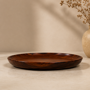 Hand-Carved Sheesham Wood Round Serving Plate