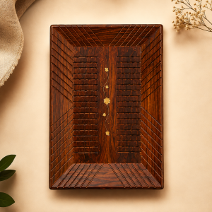 Hand-Carved Sheesham Wood Rectangular Tray with Brass Inlay Work