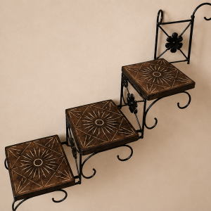 Handcrafted Sheesham Wood & Wrought Iron Spiral Step Wall Shelf