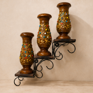 Handcrafted Sheesham Wooden Vases on Spiral Iron Stand – Set of 3