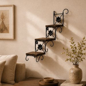 Handcrafted Sheesham Wood & Wrought Iron Spiral Step Wall Shelf