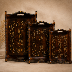 Handcrafted Wooden Serving Tray Set with Hand-Carved Scroll Art – Set of 3